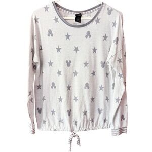 Disney Mickey Mouse Star Print Tie Front Long Sleeve Top Gray Women Medium
